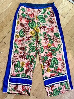 NWT elevenses ANTHROPOLOGIE Pink & Blue SILK Floral Pull-On Pants XS/4
